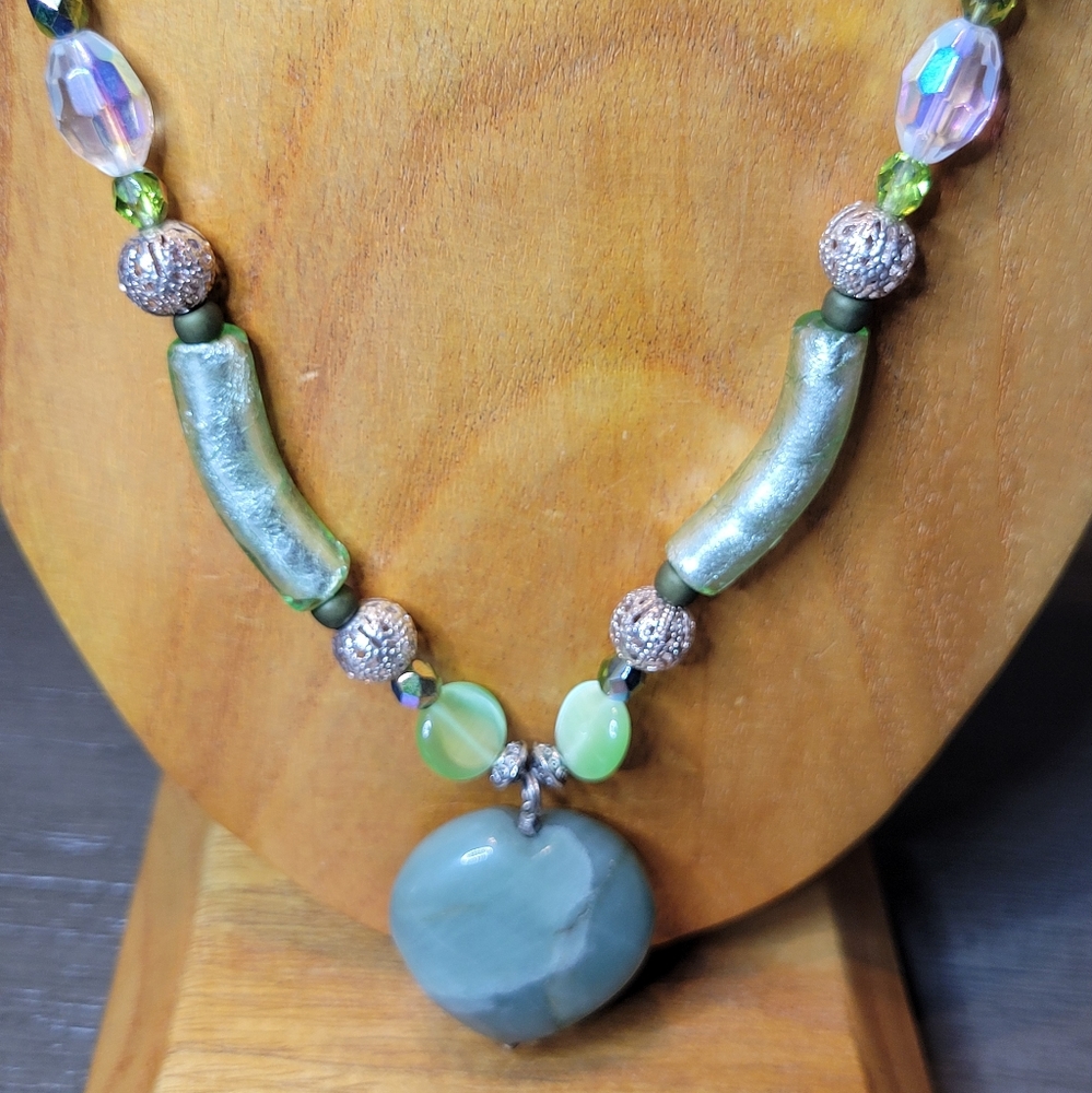 Handmade Green Aventurine Pendant with Silver Foil Glass & Silver Filagree Beads